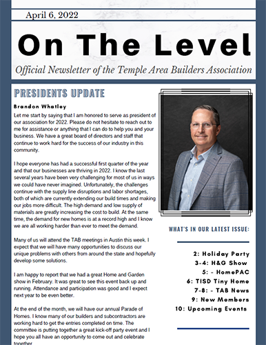 Thumbnail image of On the Level - Temple Area Builder's Association's Newsletter from April 6 2022