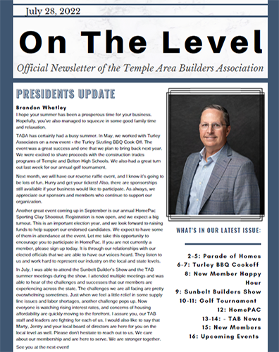 Thumbnail image of On the Level - Temple Area Builder's Association's Newsletter from July 28 2022