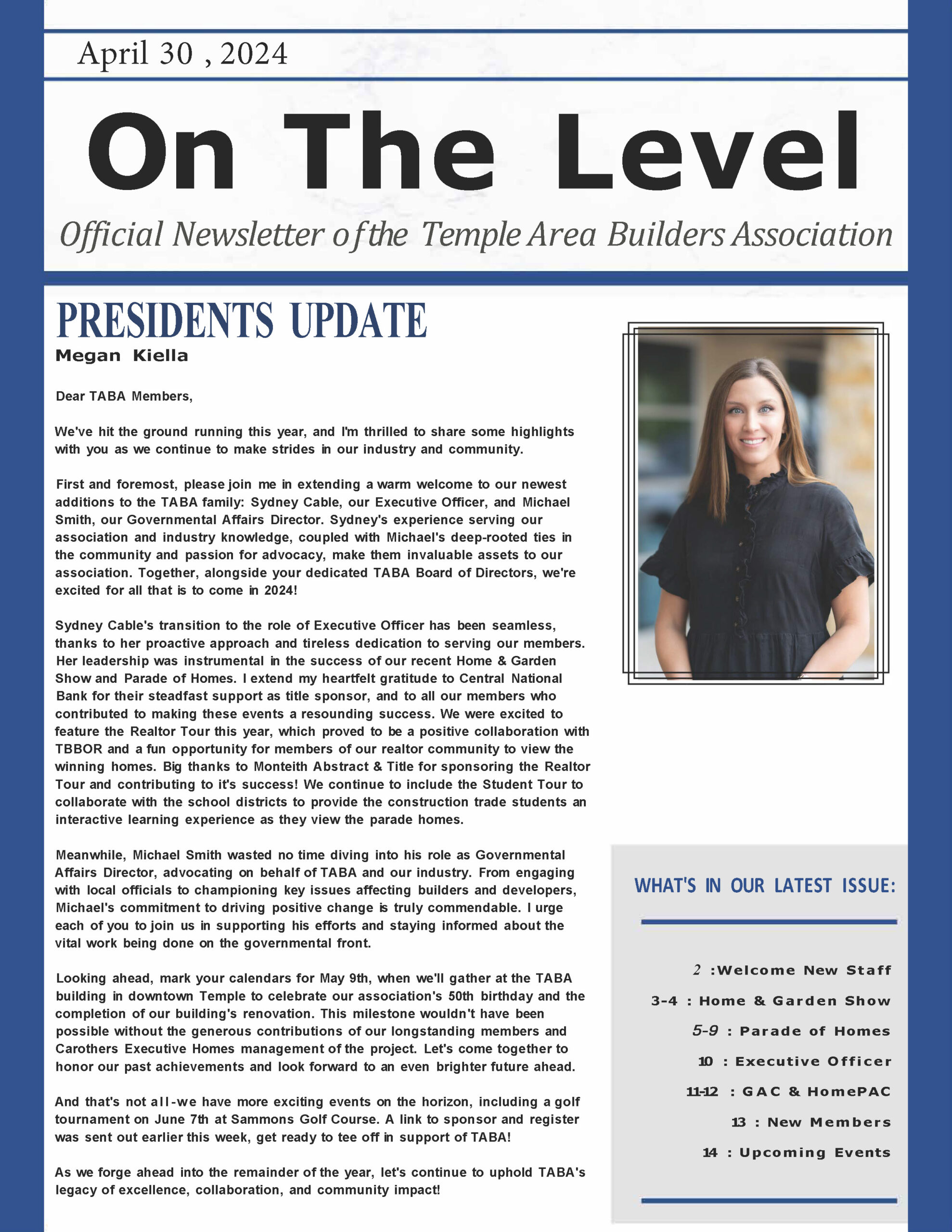 Temple Area Builder's Association - On the Level Newsletter - Cover of April 30, 2024 Edition