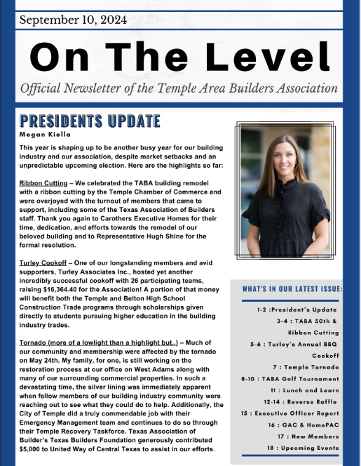 Temple Area Builder's Association's Newsletter - On the Level